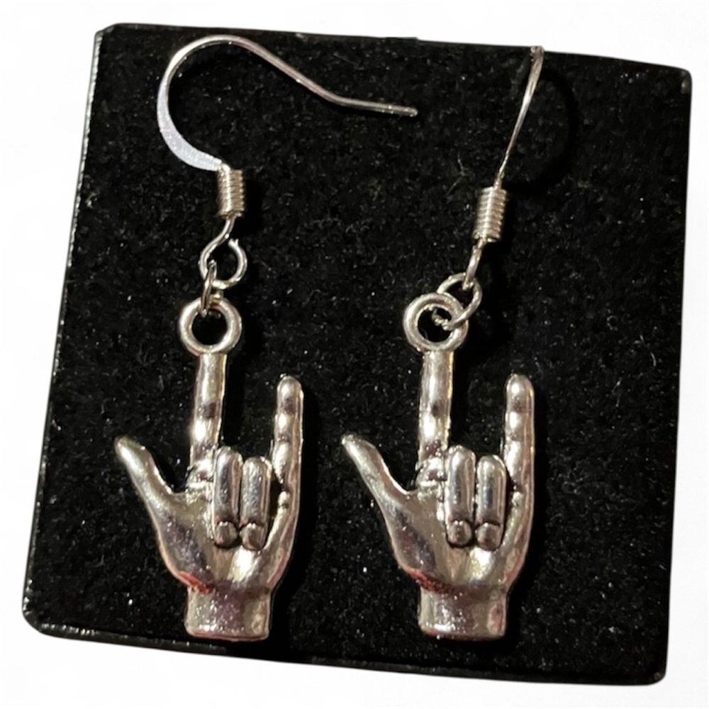 Antique Silvery I Love You Hand Sign Charms Earrings